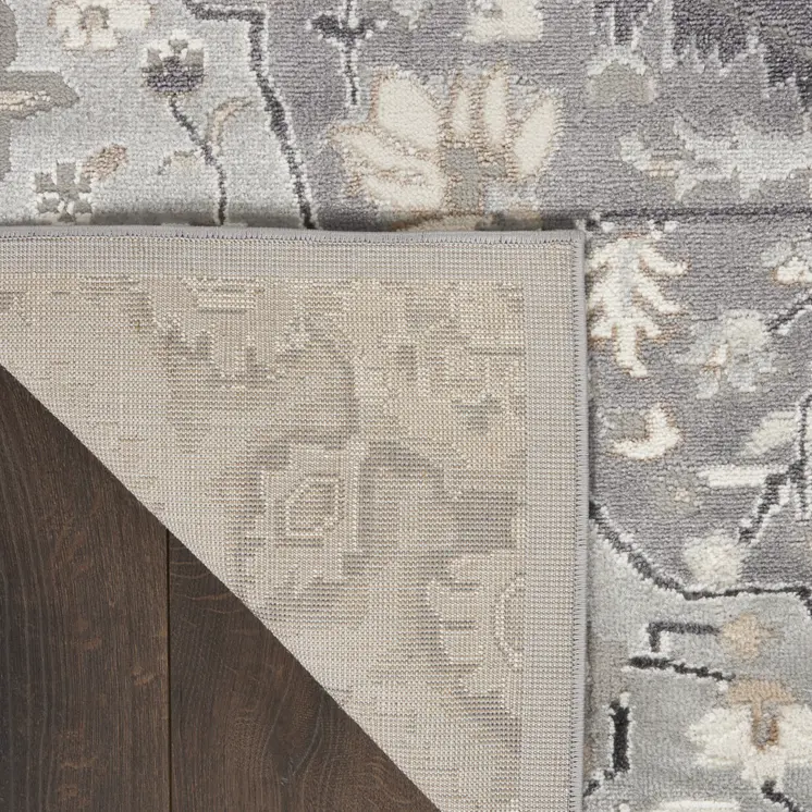 8' Ivory Black and Gray Floral Medallion Non Skid Runner Rug