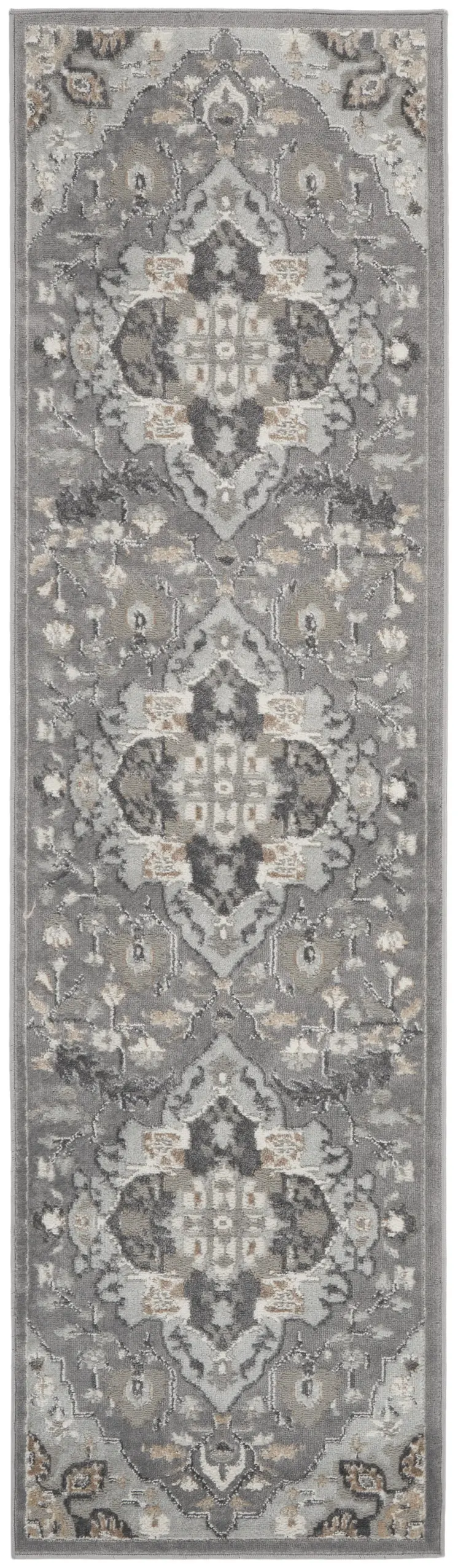8' Ivory Black and Gray Floral Medallion Non Skid Runner Rug