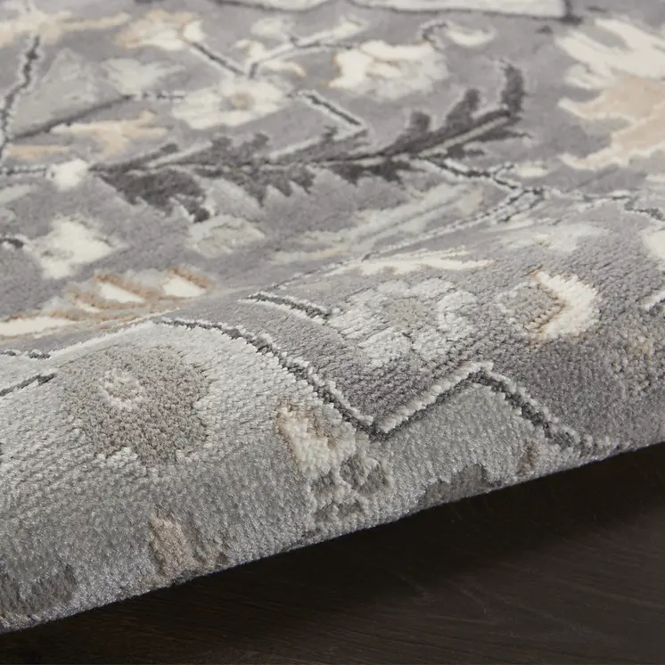 8' Ivory Black and Gray Floral Medallion Non Skid Runner Rug