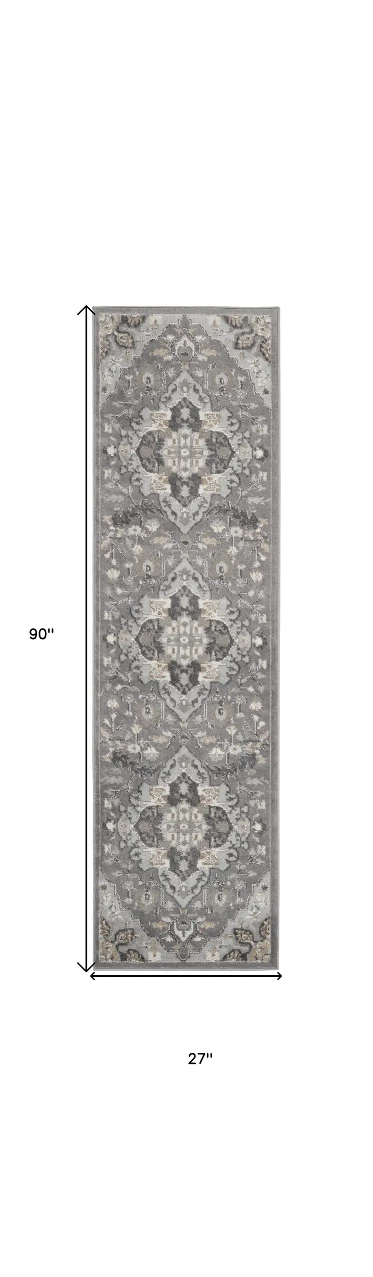 8' Ivory Black and Gray Floral Medallion Non Skid Runner Rug