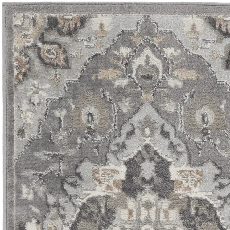 8' Ivory Black and Gray Floral Medallion Non Skid Runner Rug