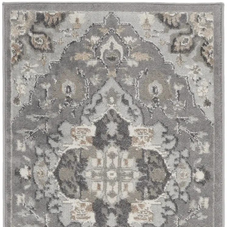 8' Ivory Black and Gray Floral Medallion Non Skid Runner Rug