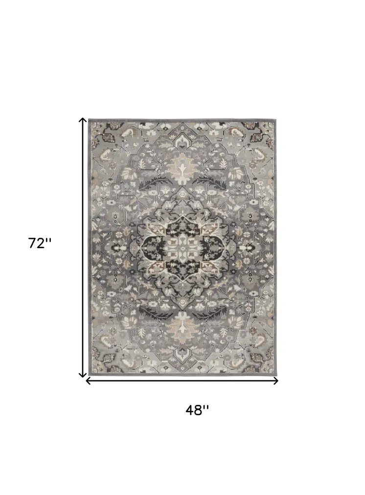 4' X 6' Gray and Black Floral Medallion Non Skid Area Rug