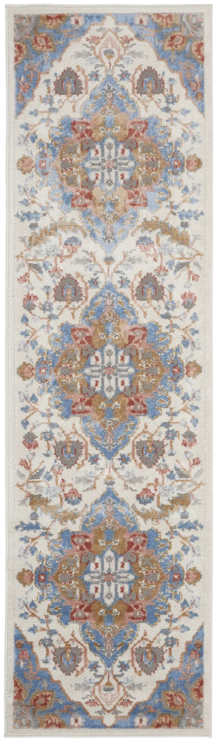 8' Ivory Tan and Blue Floral Medallion Non Skid Runner Rug