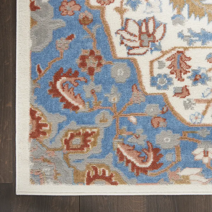 8' Ivory Tan and Blue Floral Medallion Non Skid Runner Rug