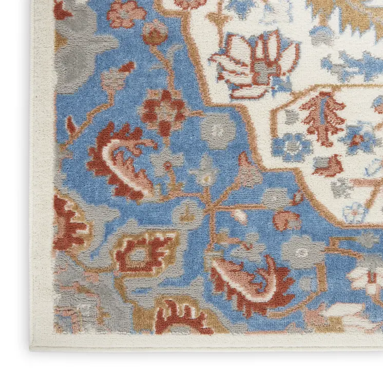 8' Ivory Tan and Blue Floral Medallion Non Skid Runner Rug