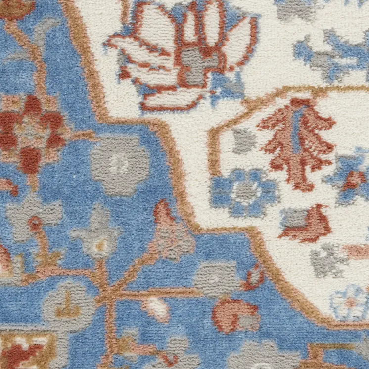 8' Ivory Tan and Blue Floral Medallion Non Skid Runner Rug