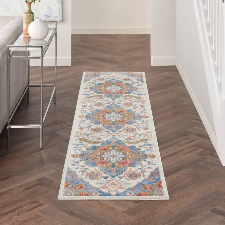 8' Ivory Tan and Blue Floral Medallion Non Skid Runner Rug
