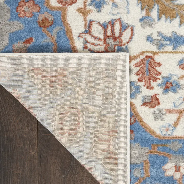 8' Ivory Tan and Blue Floral Medallion Non Skid Runner Rug