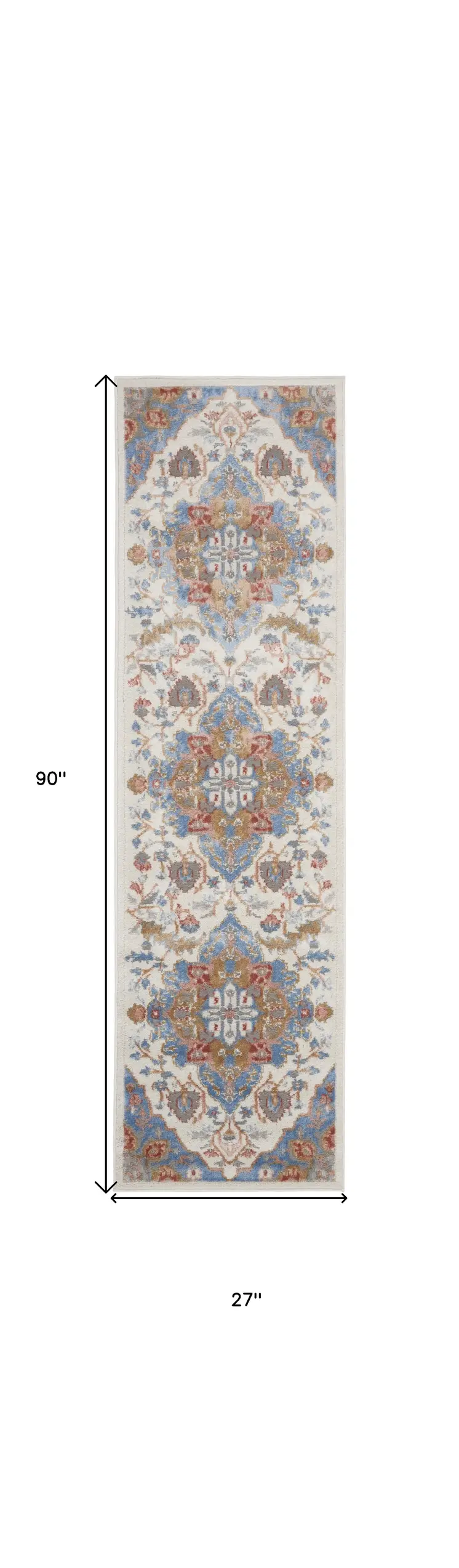 8' Ivory Tan and Blue Floral Medallion Non Skid Runner Rug