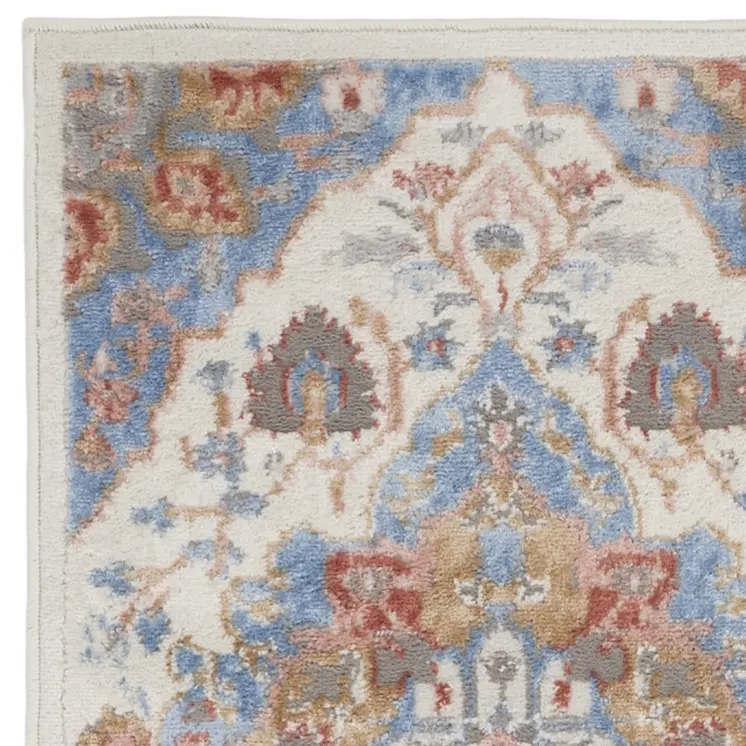 8' Ivory Tan and Blue Floral Medallion Non Skid Runner Rug