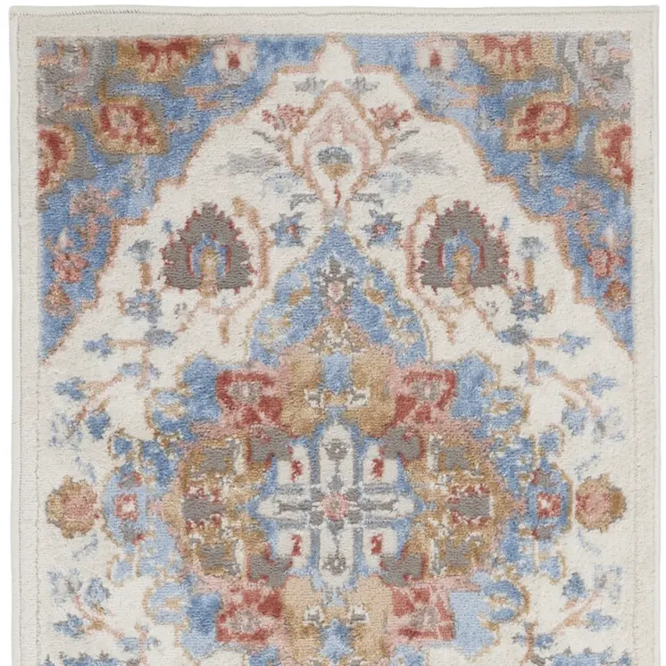 8' Ivory Tan and Blue Floral Medallion Non Skid Runner Rug