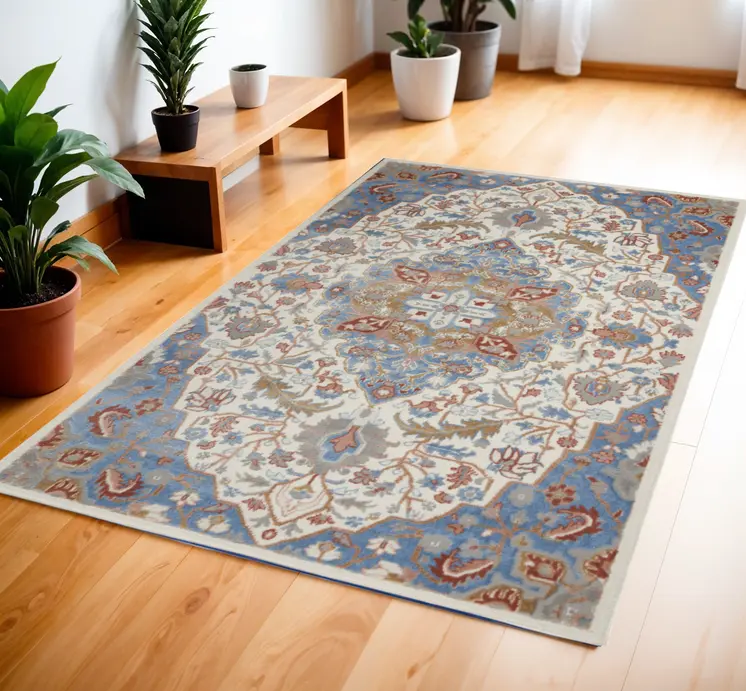 4' X 6' Ivory Tan and Blue Floral Medallion Non Skid Area Rug
