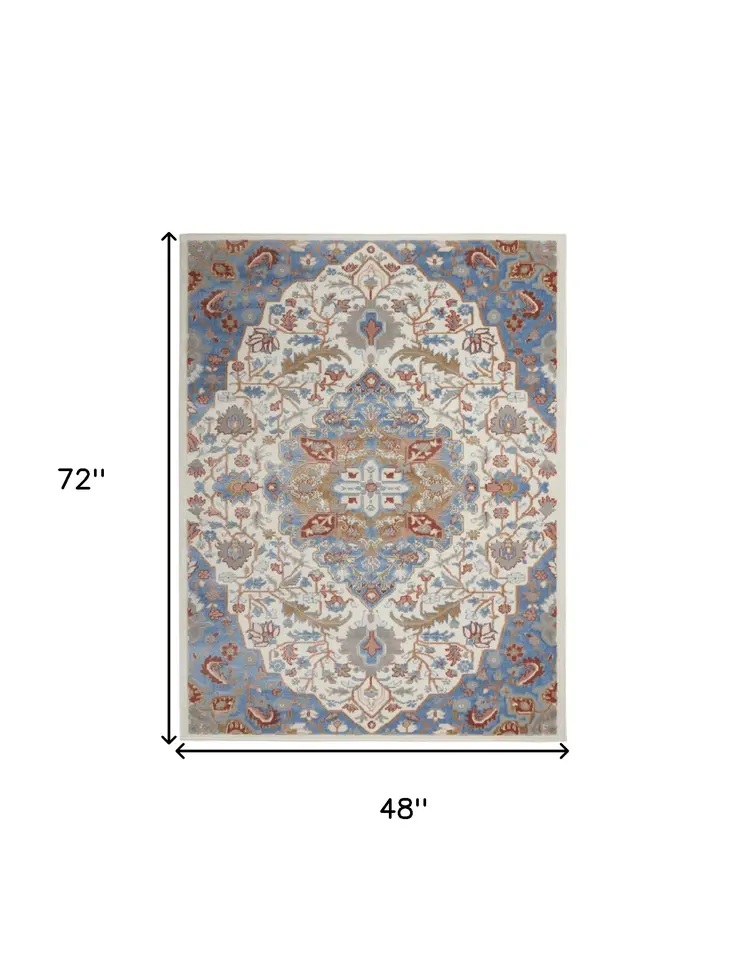 4' X 6' Ivory Tan and Blue Floral Medallion Non Skid Area Rug