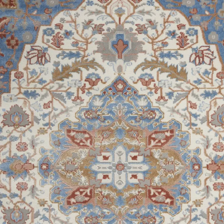 4' X 6' Ivory Tan and Blue Floral Medallion Non Skid Area Rug