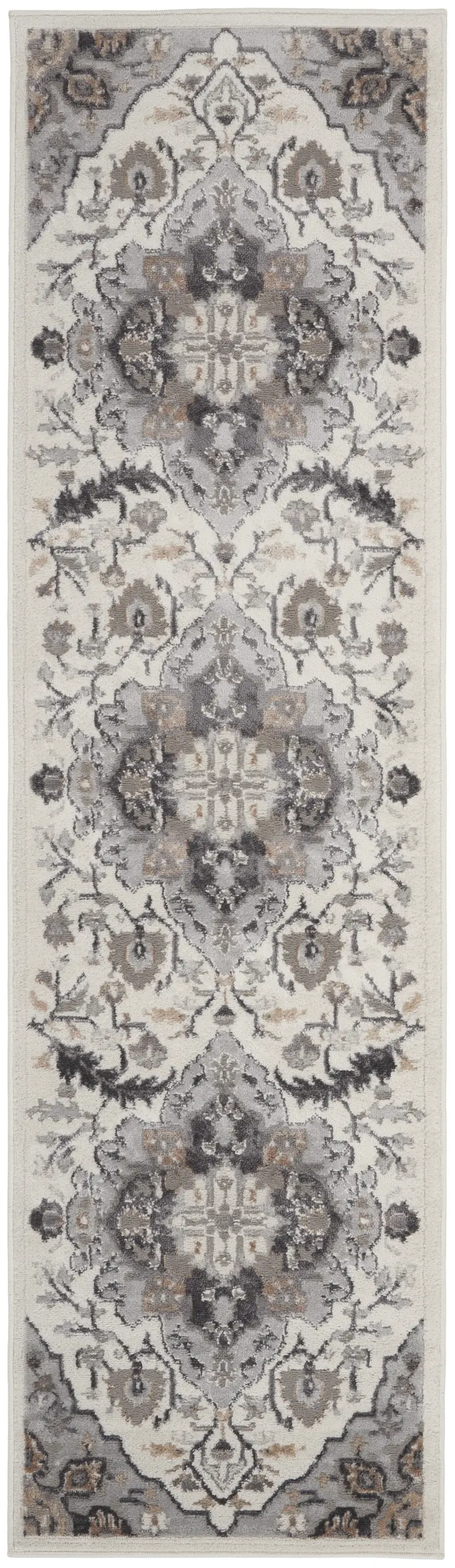 6' Ivory Black and Gray Floral Medallion Non Skid Runner Rug