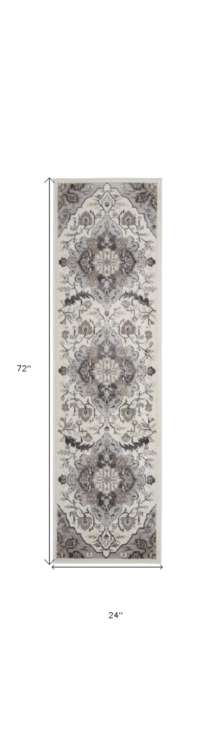 6' Ivory Black and Gray Floral Medallion Non Skid Runner Rug