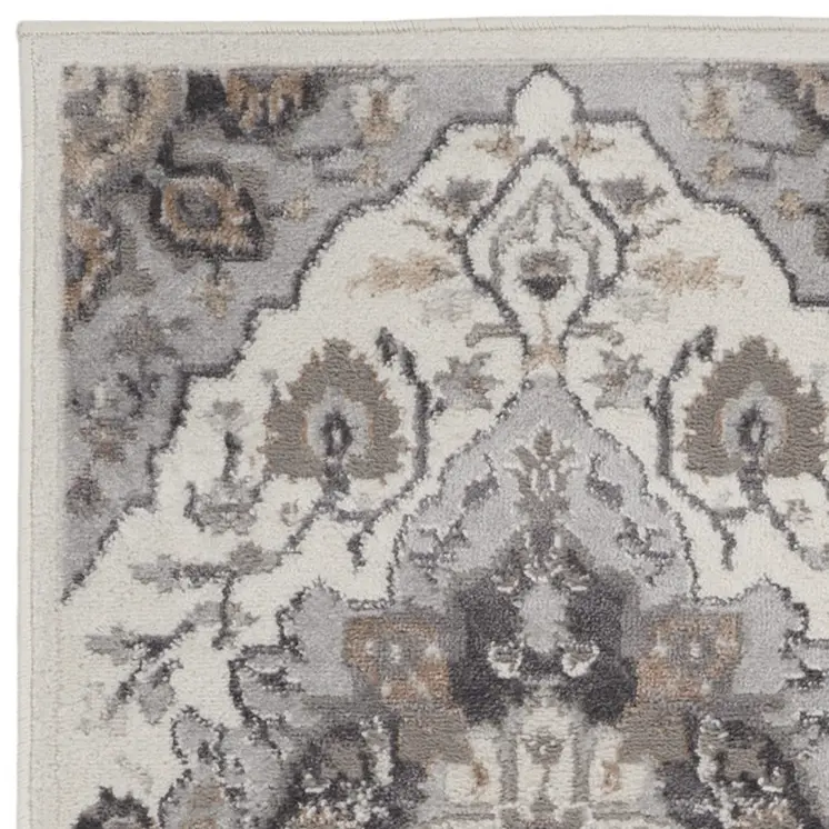 6' Ivory Black and Gray Floral Medallion Non Skid Runner Rug