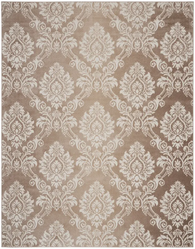 9' X 12' Ivory and Brown Damask Distressed Non Skid Area Rug