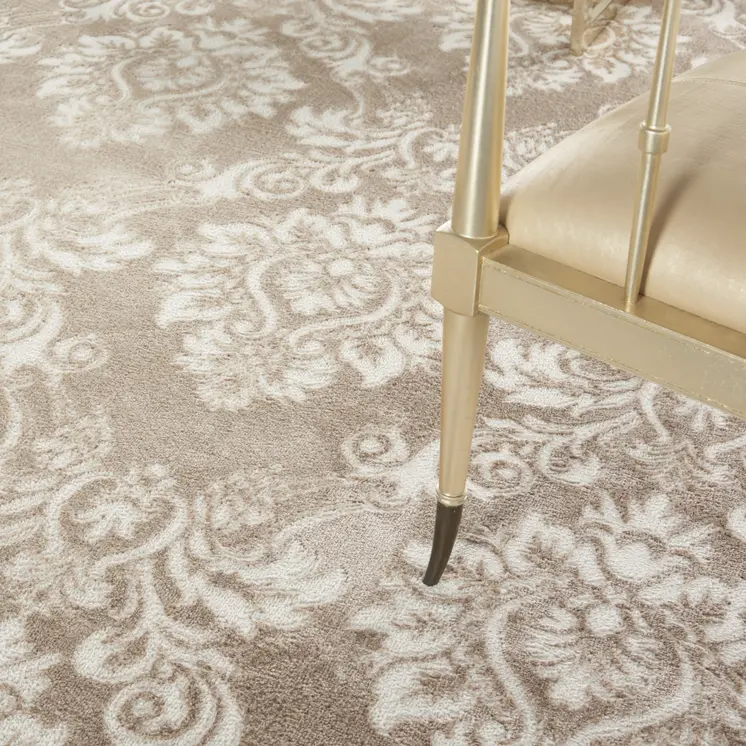 9' X 12' Ivory and Brown Damask Distressed Non Skid Area Rug