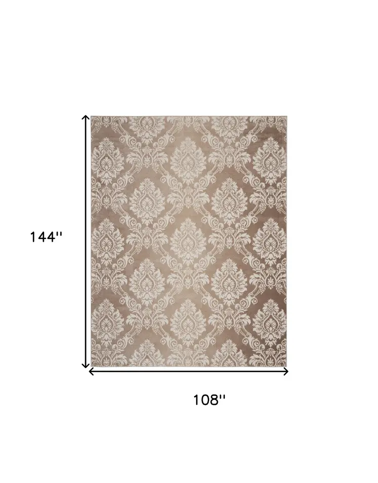 9' X 12' Ivory and Brown Damask Distressed Non Skid Area Rug