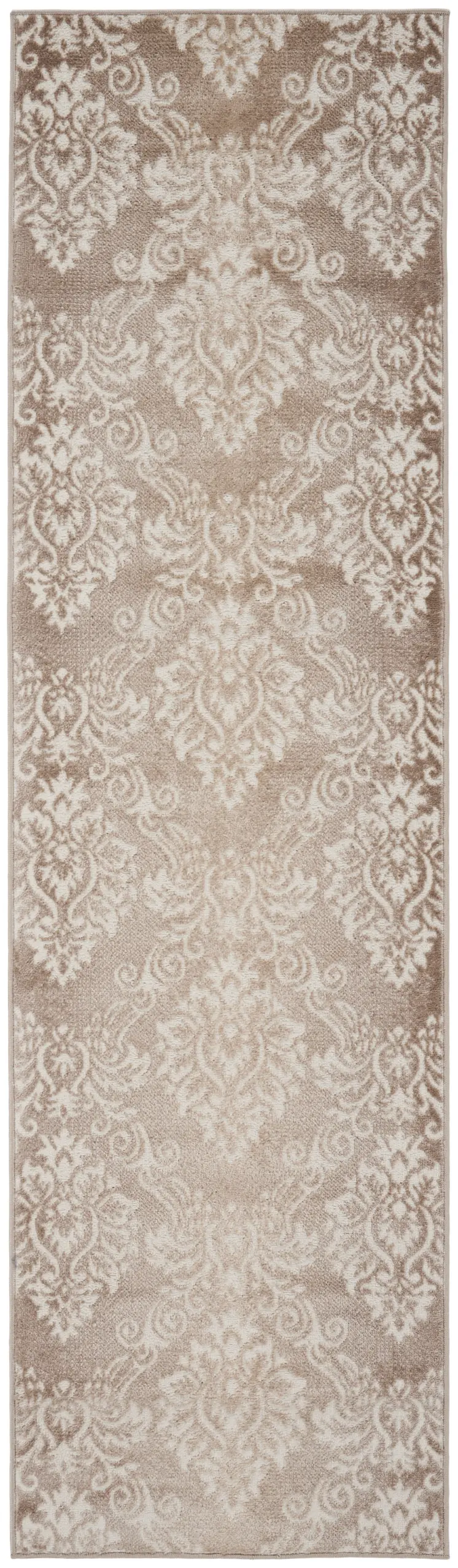 8' Ivory and Brown Damask Distressed Non Skid Runner Rug