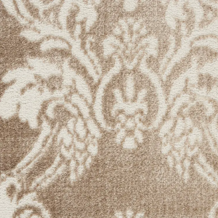 8' Ivory and Brown Damask Distressed Non Skid Runner Rug