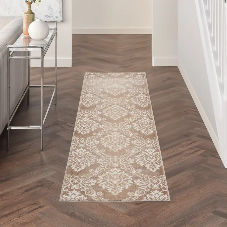 8' Ivory and Brown Damask Distressed Non Skid Runner Rug