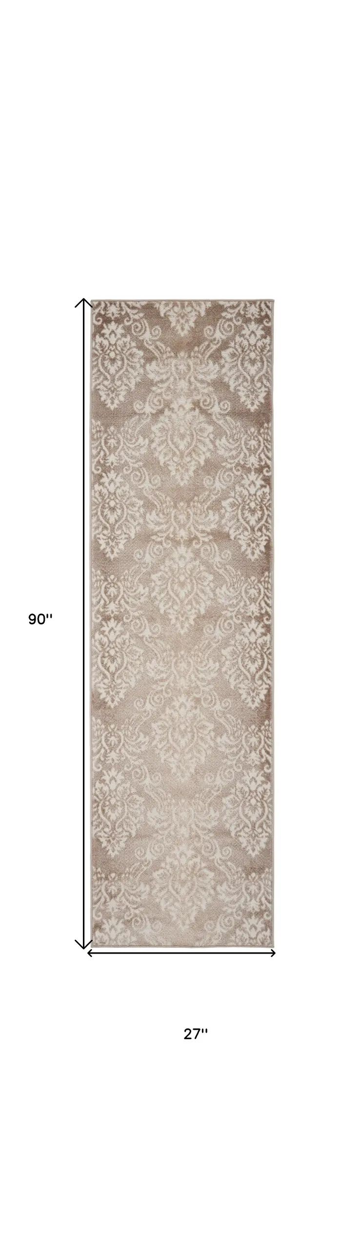 8' Ivory and Brown Damask Distressed Non Skid Runner Rug