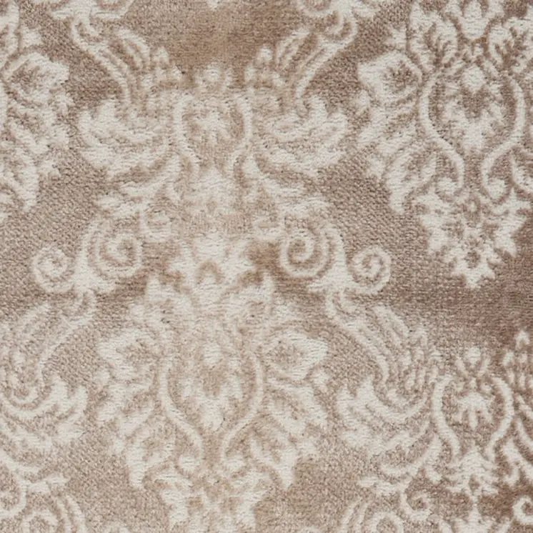 8' Ivory and Brown Damask Distressed Non Skid Runner Rug