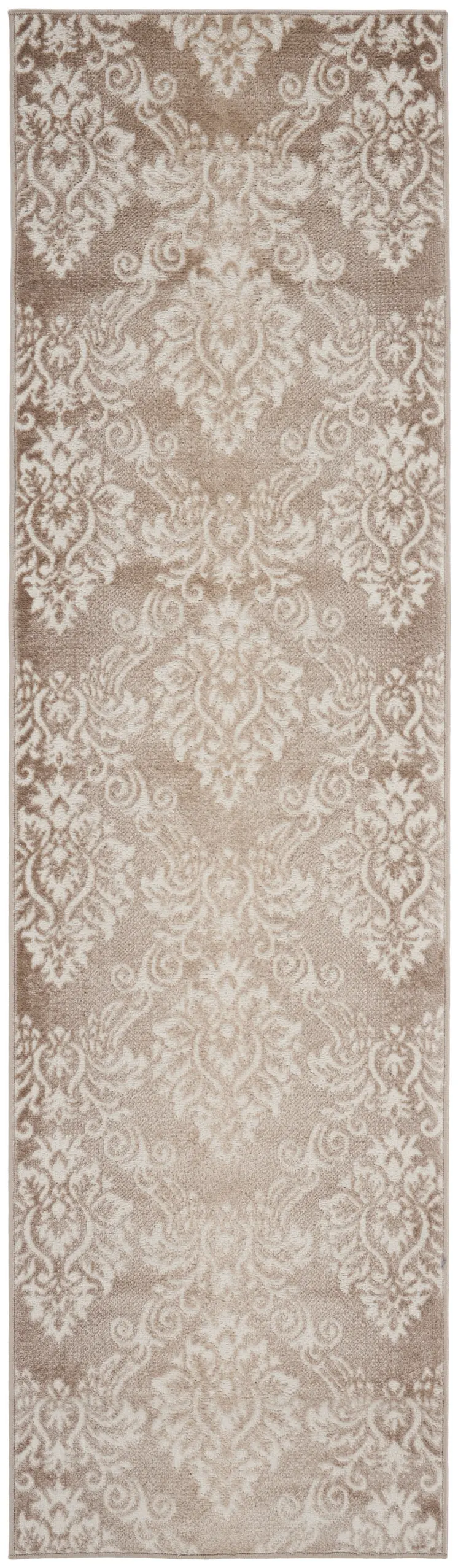 8' Ivory and Brown Damask Distressed Non Skid Runner Rug