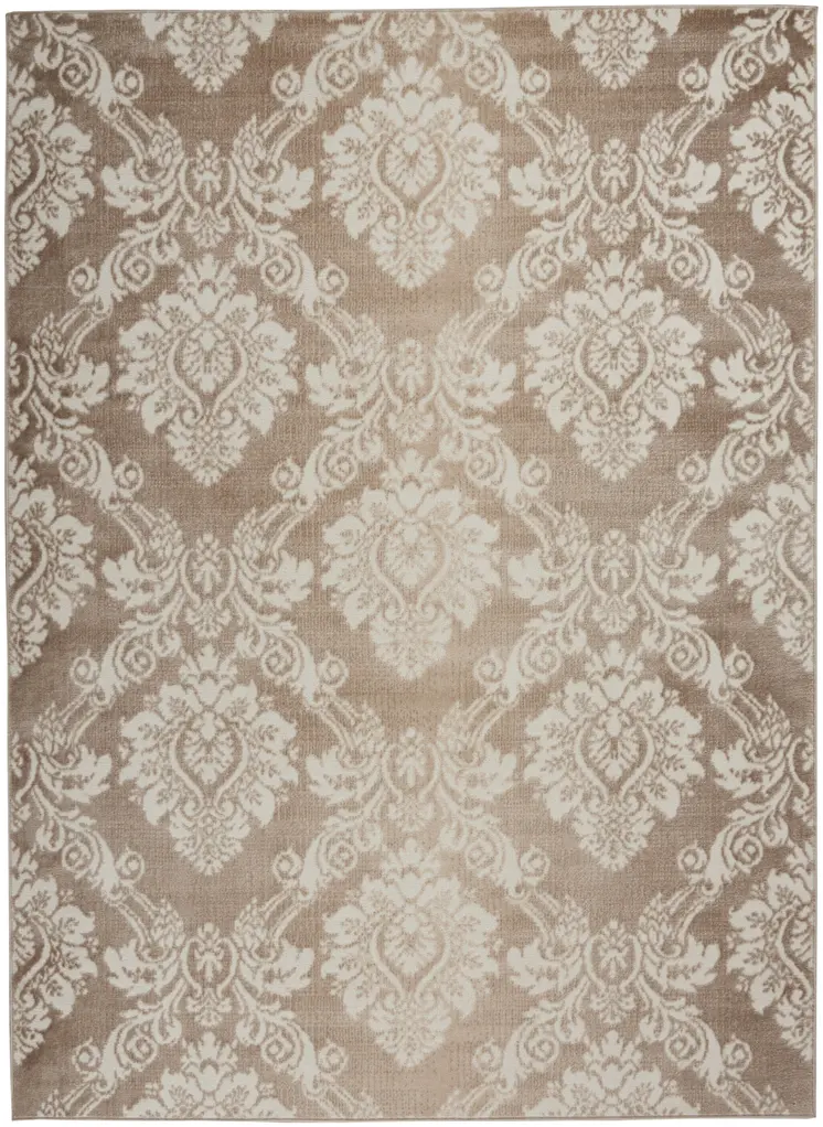 4' X 6' Ivory and Brown Damask Distressed Non Skid Area Rug