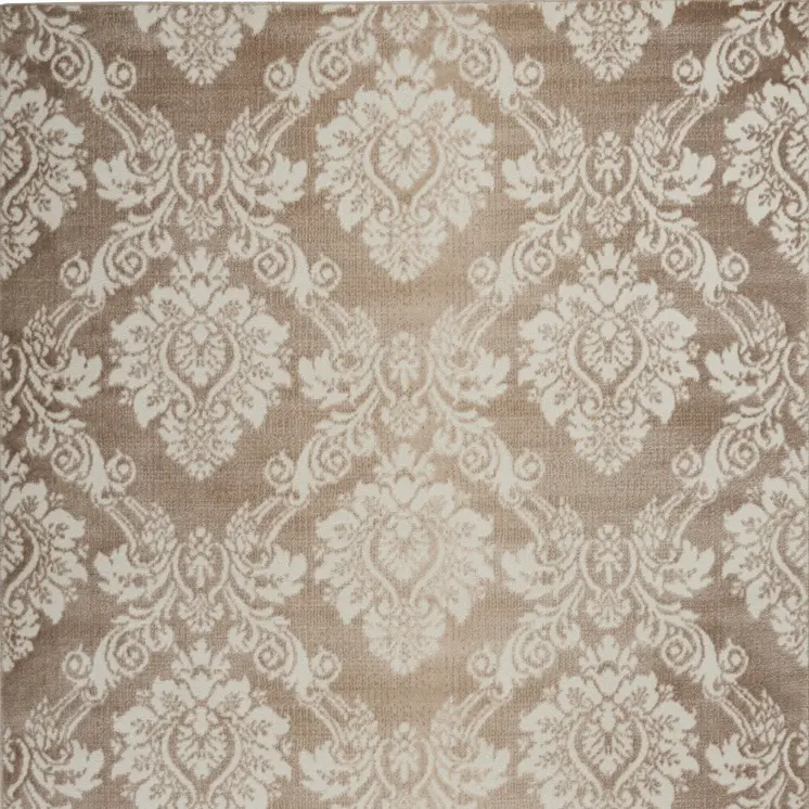 4' X 6' Ivory and Brown Damask Distressed Non Skid Area Rug