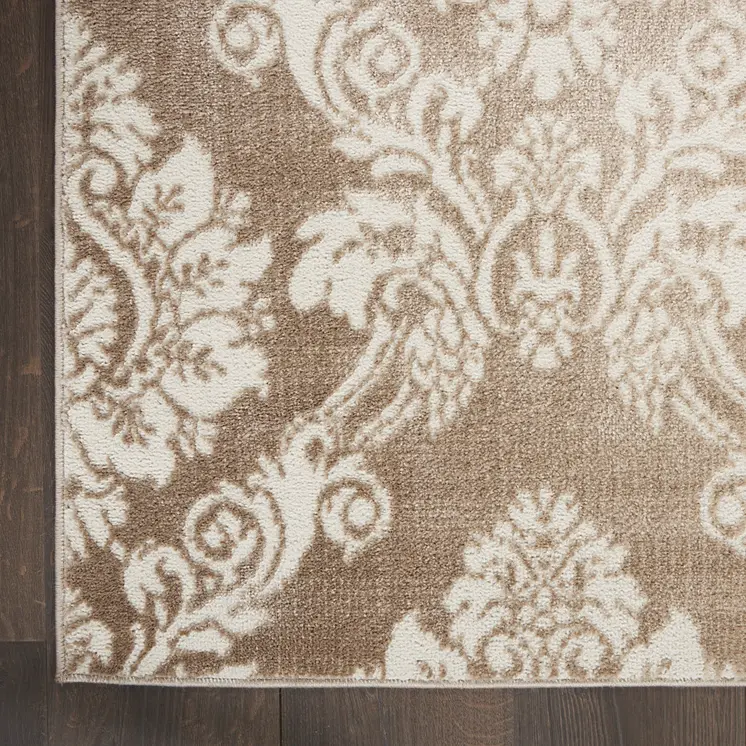 4' X 6' Ivory and Brown Damask Distressed Non Skid Area Rug