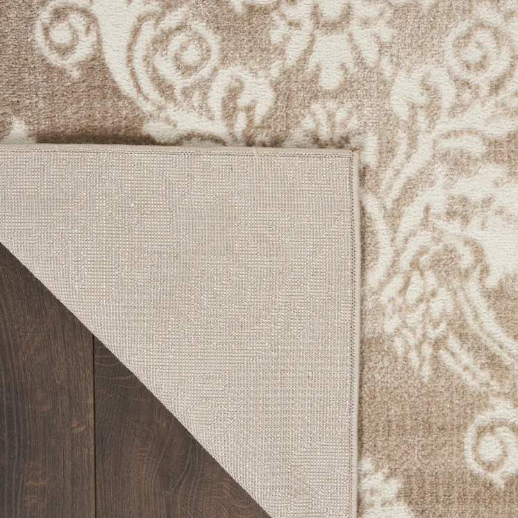 4' X 6' Ivory and Brown Damask Distressed Non Skid Area Rug