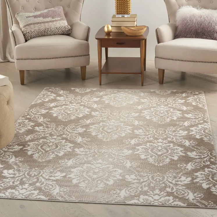 4' X 6' Ivory and Brown Damask Distressed Non Skid Area Rug