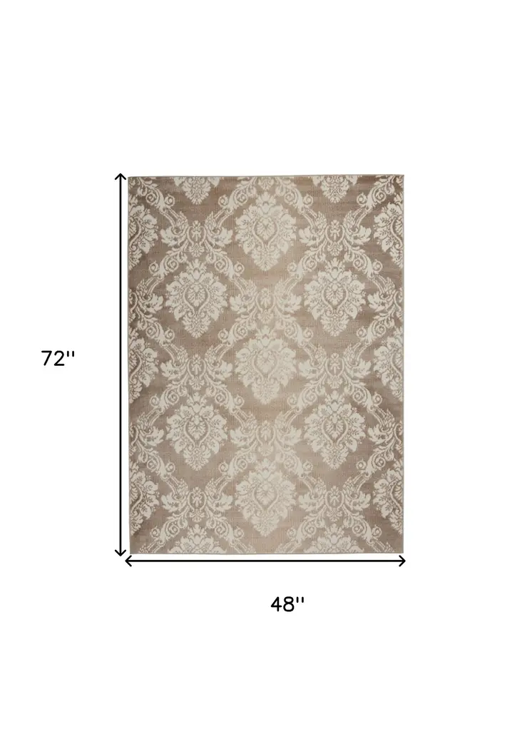 4' X 6' Ivory and Brown Damask Distressed Non Skid Area Rug