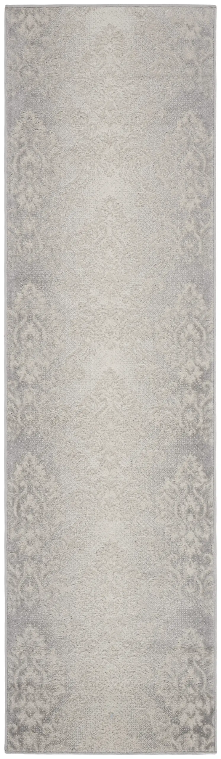 8' Gray and Ivory Damask Distressed Non Skid Runner Rug