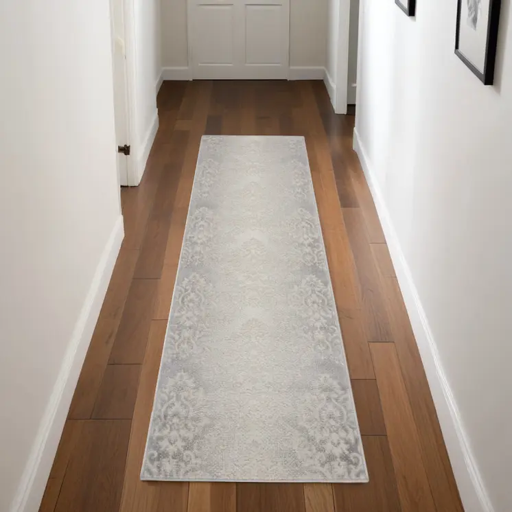 8' Gray and Ivory Damask Distressed Non Skid Runner Rug