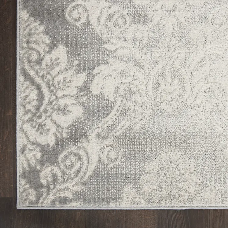 8' Gray and Ivory Damask Distressed Non Skid Runner Rug
