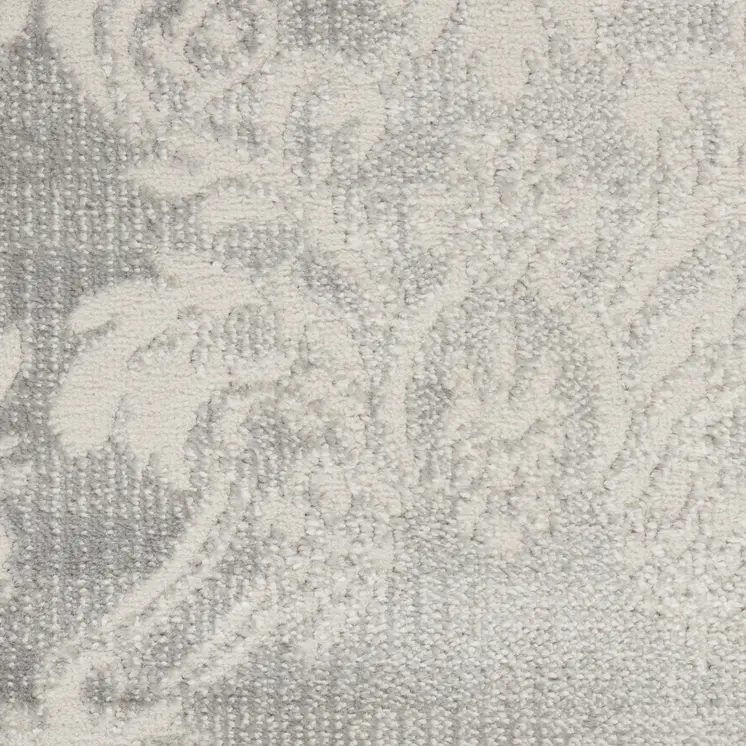 8' Gray and Ivory Damask Distressed Non Skid Runner Rug
