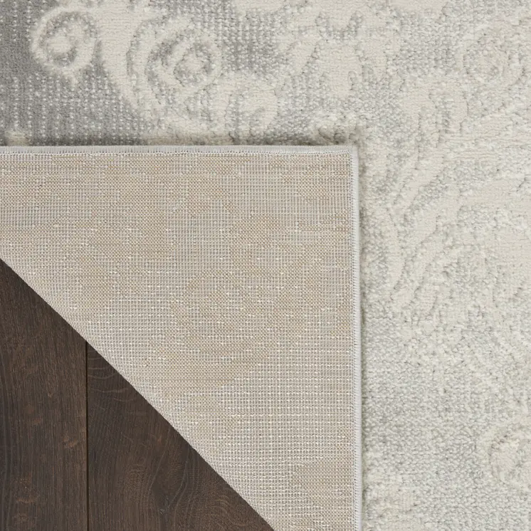 8' Gray and Ivory Damask Distressed Non Skid Runner Rug