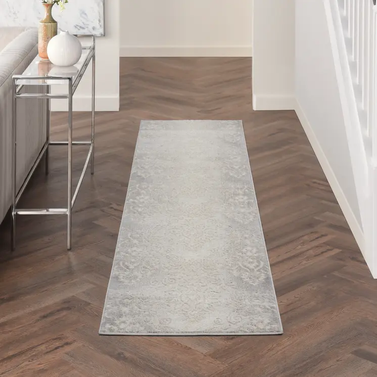 8' Gray and Ivory Damask Distressed Non Skid Runner Rug