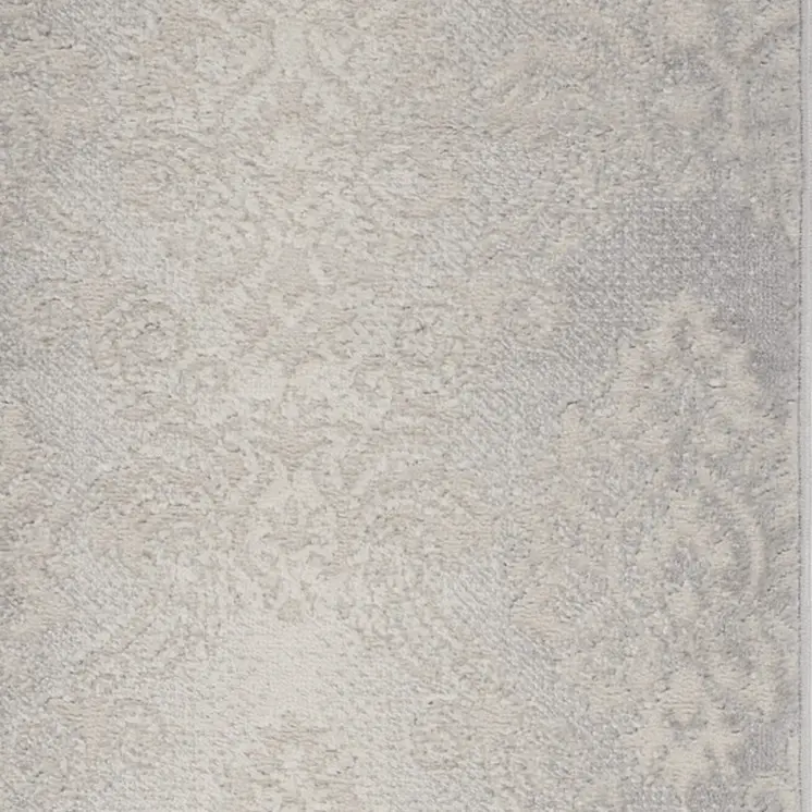 8' Gray and Ivory Damask Distressed Non Skid Runner Rug