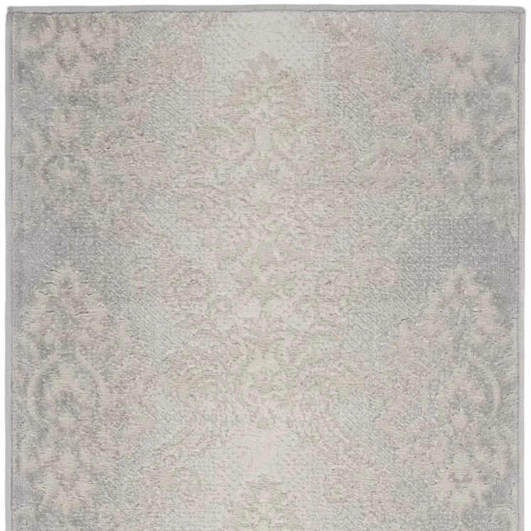 8' Gray and Ivory Damask Distressed Non Skid Runner Rug