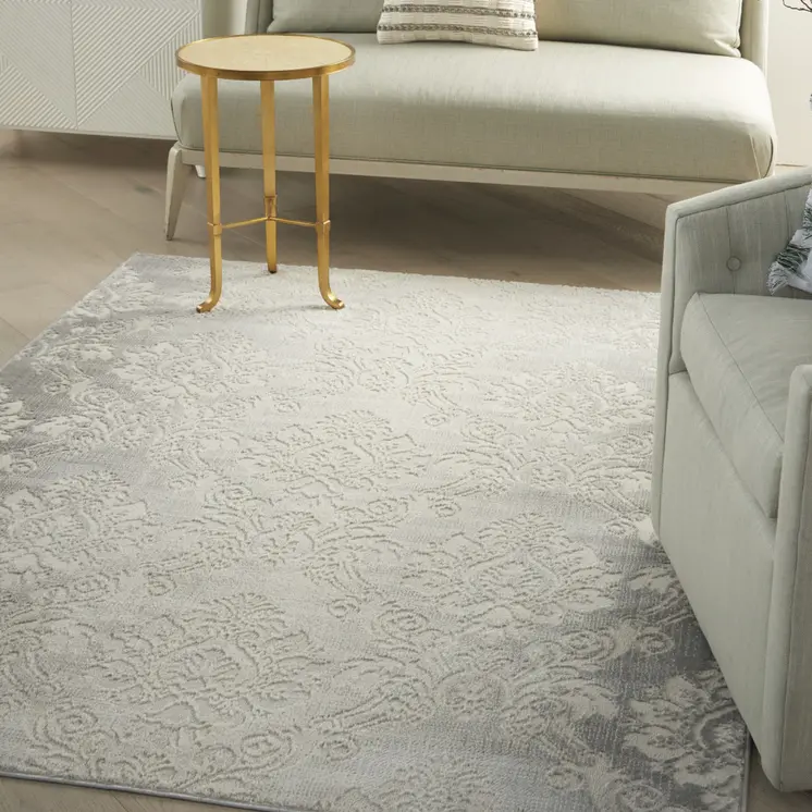 4' X 6' Gray and Ivory Damask Distressed Non Skid Area Rug