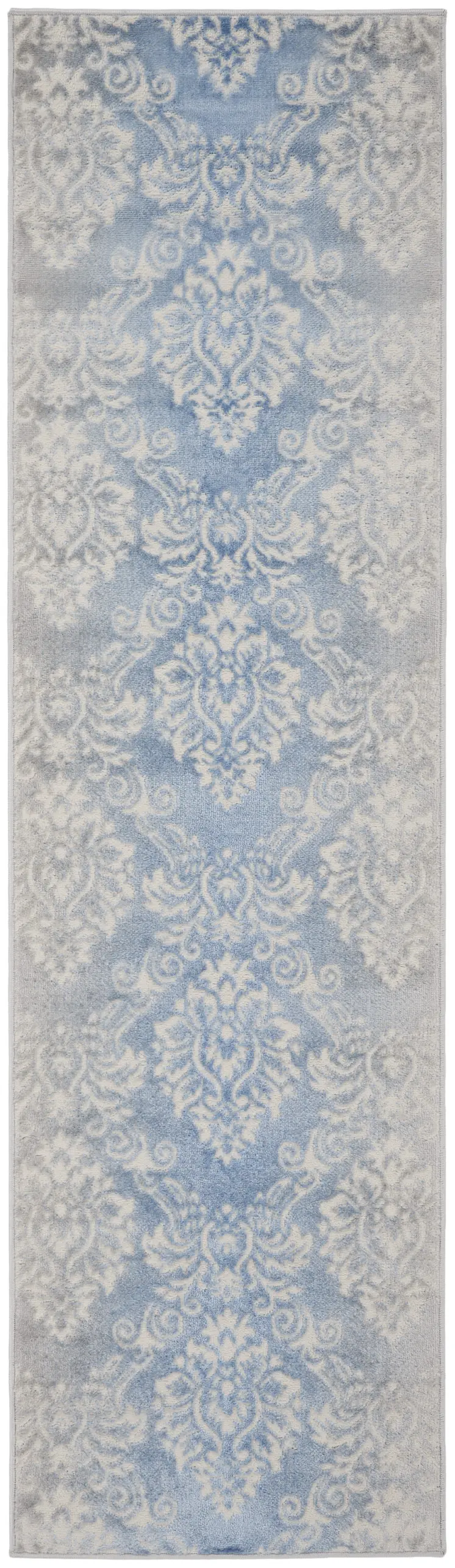 8' Blue and Ivory Damask Distressed Non Skid Runner Rug