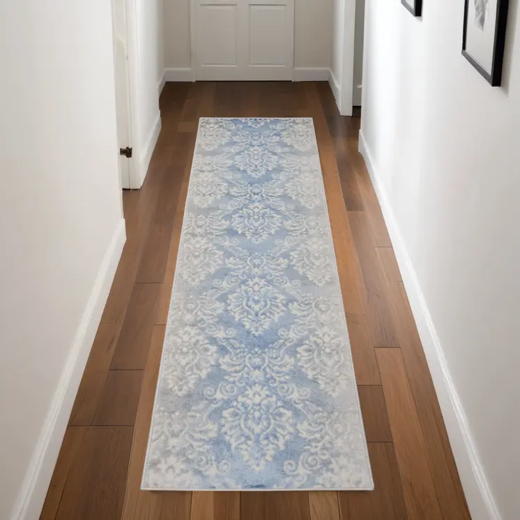 8' Blue and Ivory Damask Distressed Non Skid Runner Rug