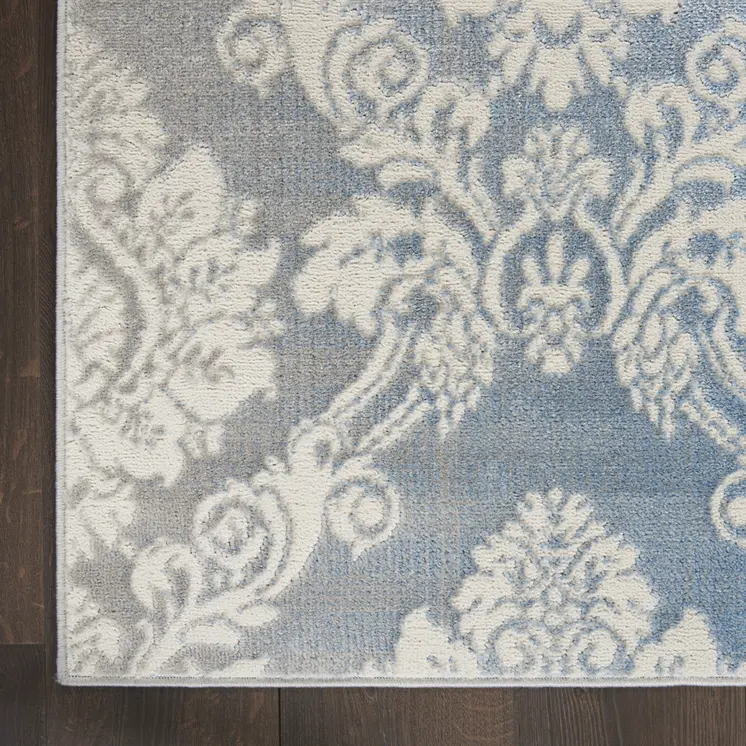 8' Blue and Ivory Damask Distressed Non Skid Runner Rug