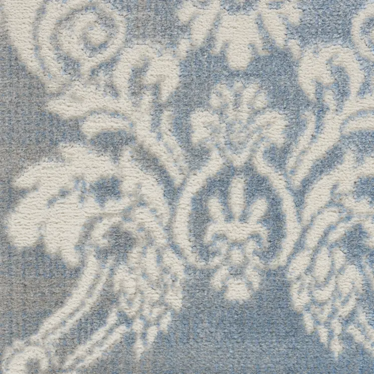 8' Blue and Ivory Damask Distressed Non Skid Runner Rug